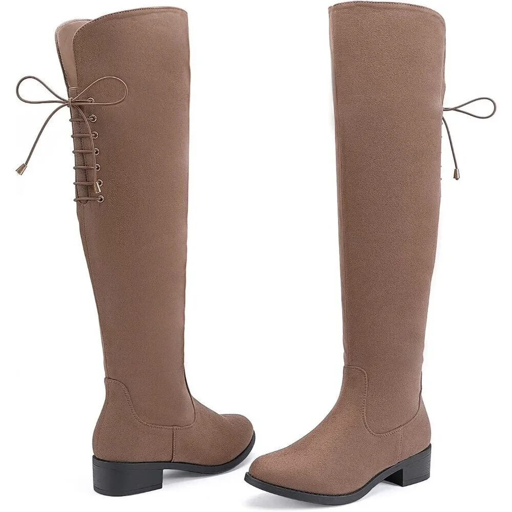 Women's Taupe Faux Suede Over The Knee High Side Zip Block Heel Riding Booties